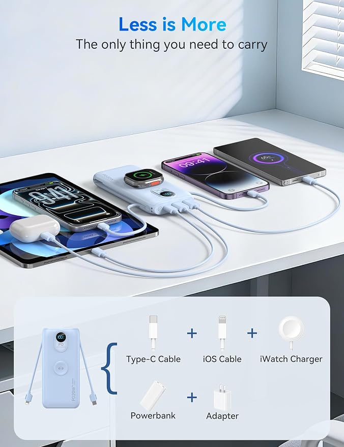 Portable Charger, 10000mAh 20W Fast Charging Power Bank with Built in Cables & AC Wall Plug & LED Display, Travel Essentials Battery Pack Powerbank for iPhone, iPad, iWatch, Pixel, LightBlue