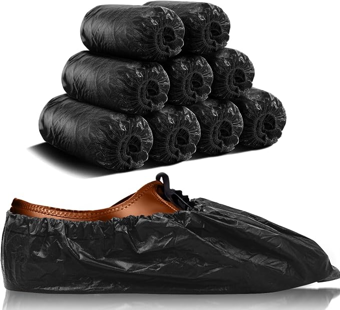 EZGOODZ Black Indoor Shoe Covers Disposable Non Slip, 16 x 6 Inch. 100 Pack Shoe Booties Disposable. 2 Mil CPE Disposable Booties for Shoes Covers. Waterproof Surgical Boot Covers for Outdoor