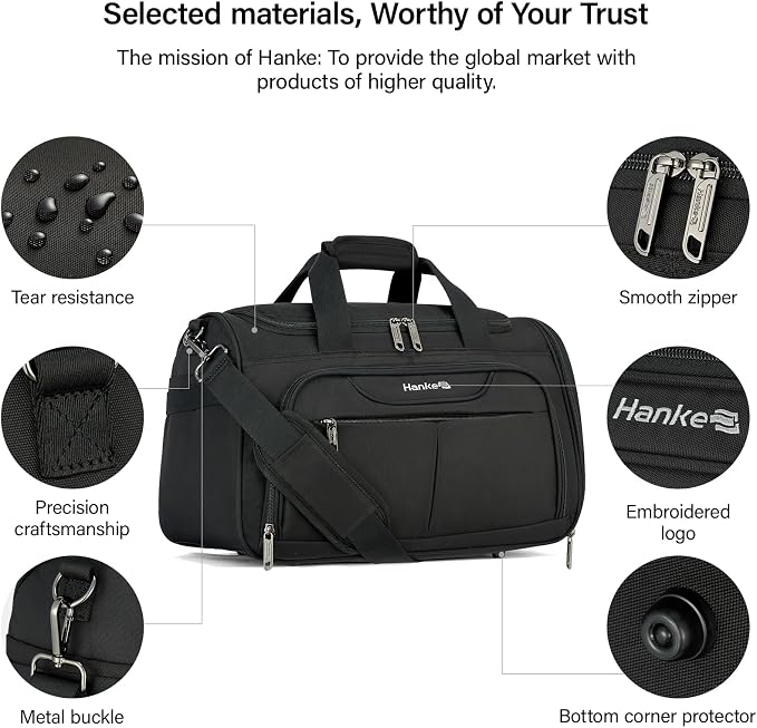 Hanke Carry On luggage Bags for Travel, Large Foldable Duffle Bag for Travel, Softside Lightweight Travel Bag Carry On Bags for Airplanes Women, Travel Tote Bags for Women Men.（Black）