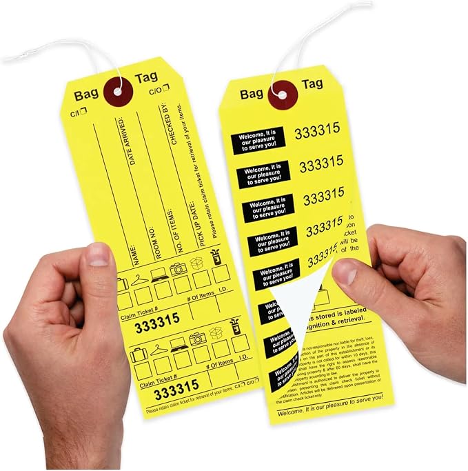 Luggage Claim Tags with String Attached, Consecutively Numbered, with Luggage Images, Bag Stickers, Claim Ticket - Bag Tags for Hotel and Motel Bag Storage. Size: 6 3/4" (H) x 2 1/2" (W). 1000 Tags.