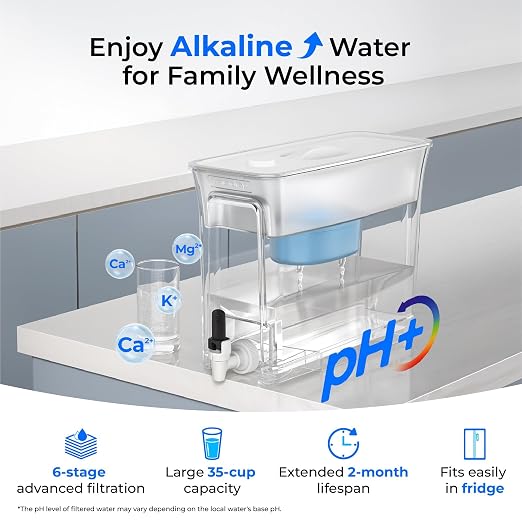 Waterdrop WFD-40W-L-A Water Filter Dispenser, Alkaline Filtration Water Purifier, 35-Cup Large Capacity, 100-Gallon Long-Life, Reduces Chlorine, PFOA/PFOS and More, BPA Free, White