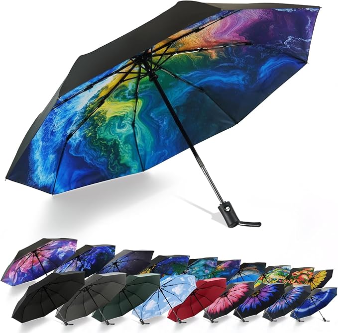 SY COMPACT Travel Umbrella - Windproof Automatic Compact Umbrella for Rain, Lightest 8-Rib, Small, Strong & Portable, Durable Grip, Fits Backpack & Car, Factory Direct (UV Available)