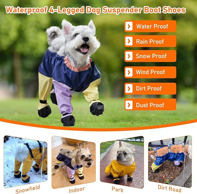 Waterproof Dog Boots Rain Boots with Suspender, Dogs Shoes Paw Protector for Small Medium Puppy, Anti-Slip Doggy Boot Belly Protector, Rain Booties Snow Booties (X-Large, multicolorc)