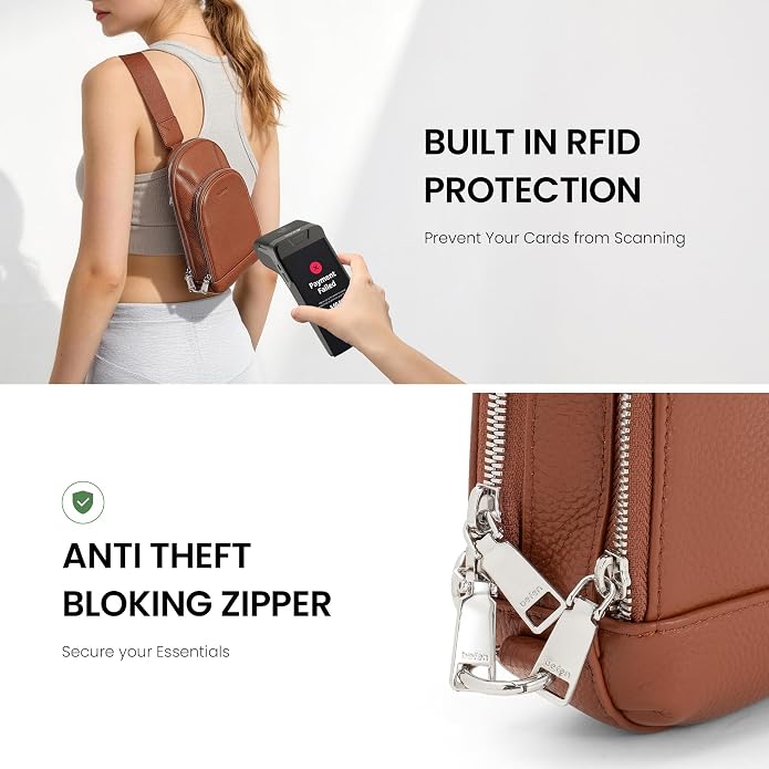 befen Genuine Leather Sling Bag for Women Anti Theft Crossbody Chest Bags Leather Fanny Packs for Travel with RFID Card Slots