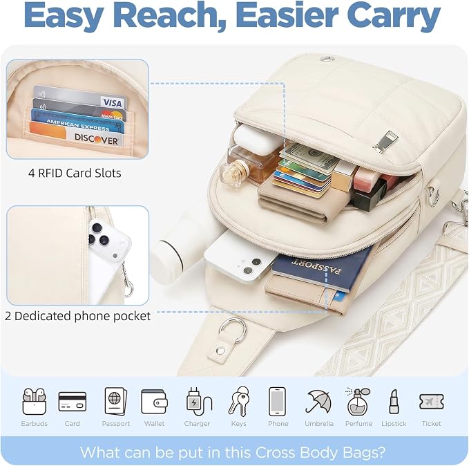 Anti Theft Sling Bag for Men & Women, Lightweight Puffer RFID Crossbody Bag for Travel, Commuting & City Walking, Hands-Free Everyday Essentials Bag White