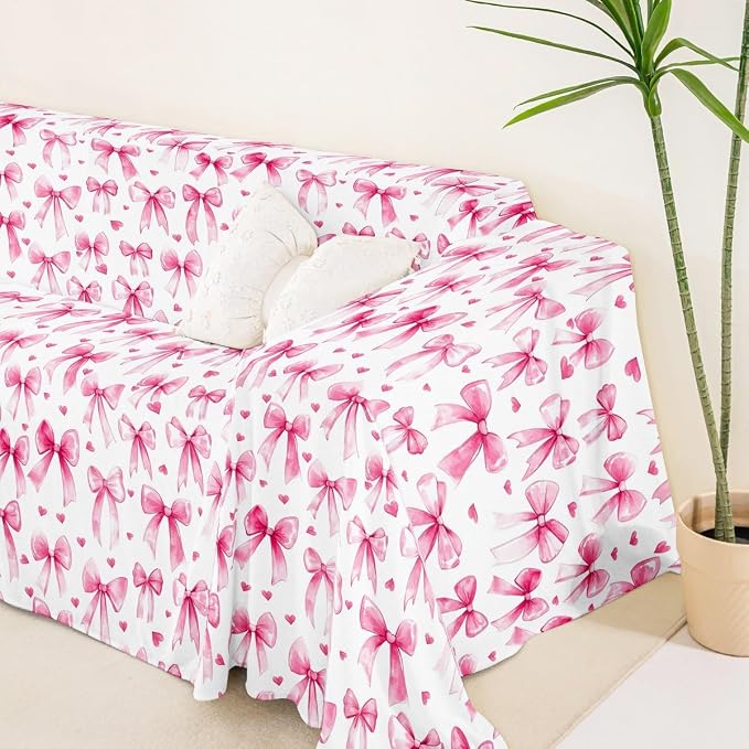 Princess Bow Couch Cover for Pets,Kawaii Pink Bow Tie Couch Covers for 2 Cushion Couch Sofa,Cute Aesthetic Bowknot Sofa Slipcover Cartoon Love Hearts Dreamy Bowknot Throw Couch for Dogs,Kids,71"x118"