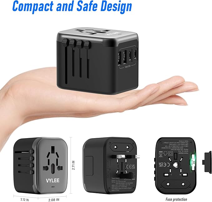 VYLEE Universal International Power Travel Plug Adapter, 5 in 1 European Travel Plug Adapter W/ 3.5A 2xUSB-A and 2xUSB C Wall Charger and Worldwide AC Outlet