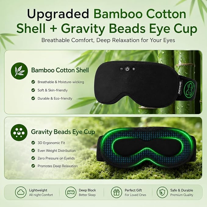 2 in 1 Smart Bluetooth Bamboo Cotton Sleep Mask Headphones, 3D Weighted Compress Eye Mask 100% Blackout Sleep Mask Zero Eye Pressure