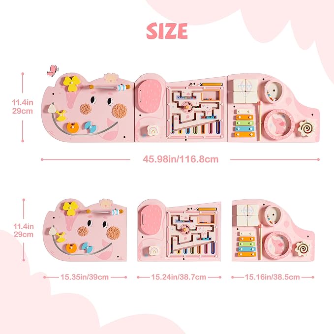 ROBUD Elephant Montessori Busy Board, 12-in-1 Activity Wall Busy Board, Montessori Sensory Wall Panel for Boys & Girls, Toddler Learning Activity Center for Playroom, Nursery, Pink