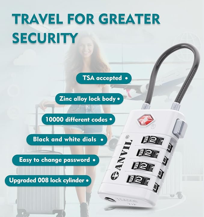 ANVIL TSA Approved Luggage Locks with Search Alert Indicator, 4-Digit Combination Suitcase Lock, Advanced TSA008 Core Heavy Duty Anti-Theft Travel Lock for Double Zippers, Backpacks