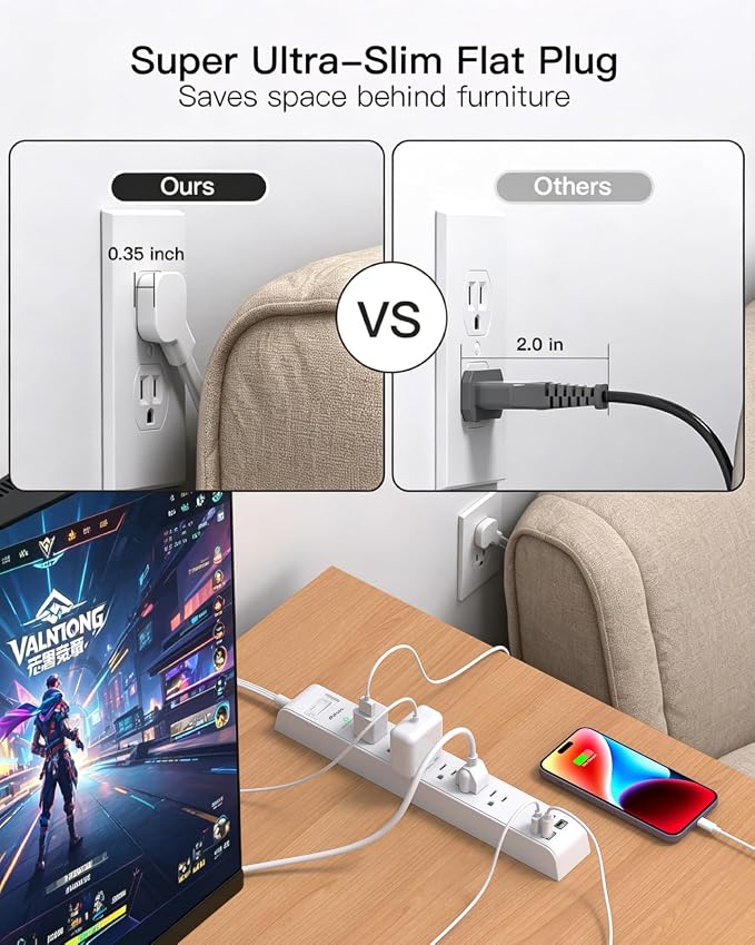 2 Pack Long Extension Cord, 12FT Power Strip Surge Protector with 6 Outlets and 4 USB Ports (2 USB C), Extension Cord with Multiple Outlets, Flat Plug Overload Protection, Wall Mount for Dorm College