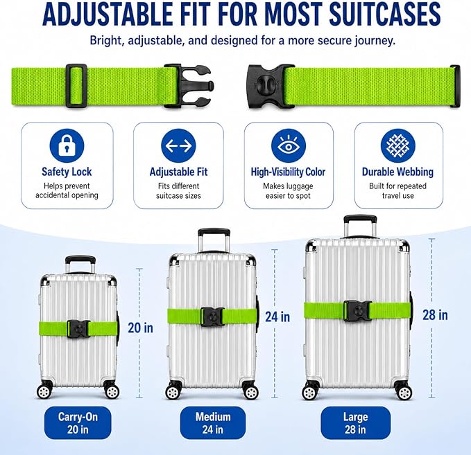 Personalized Luggage Strap with Safety Locking Buckle,10 Pcs Custom Embroidered Names & Text, Adjustable Travel Belt for Suitcases, Prevents Accidental Opening, Ideal for Travel & Gifts(10)