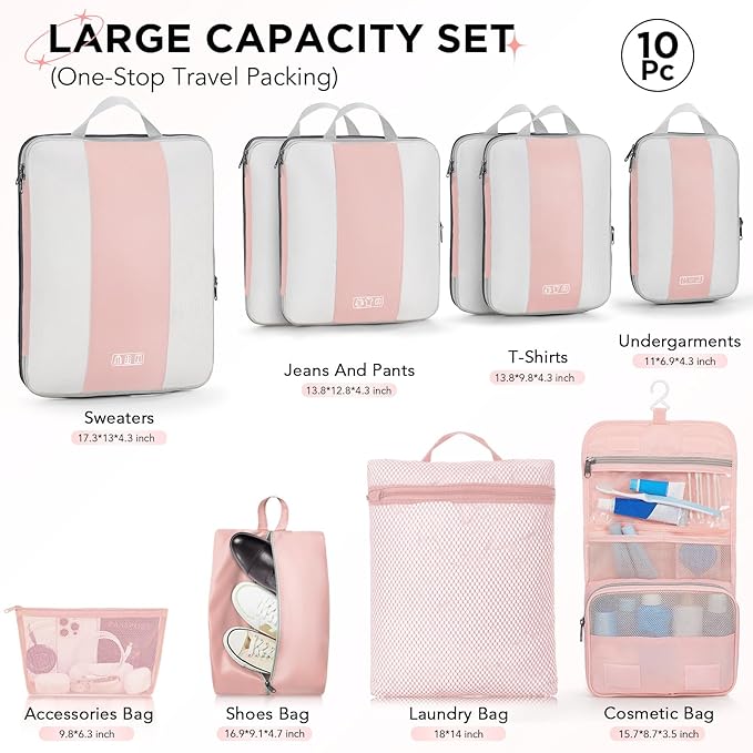 10 Set Compression Packing Cubes for Travel Essentials,Compressible Expandable Packing Cubes for Suitcase,OlarHike Luggage Garment Bags for Travel,Handy Helper for Organizing Clothes(Pink)