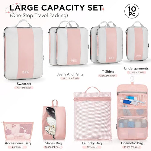 10 Set Compression Packing Cubes for Travel Essentials,Compressible Expandable Packing Cubes for Suitcase,OlarHike Luggage Garment Bags for Travel,Handy Helper for Organizing Clothes(Pink)