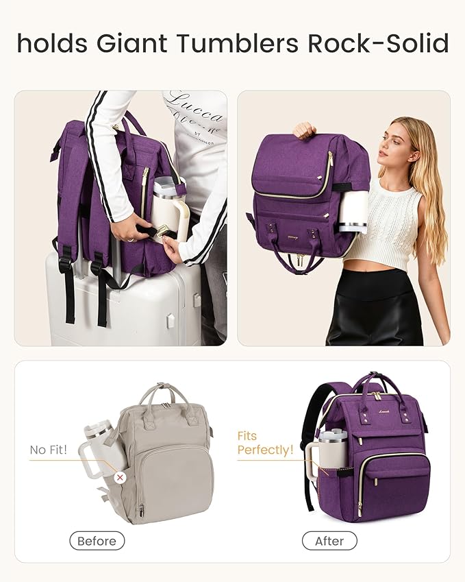 LOVEVOOK Laptop Backpack for Women with Giant Tumbler Holder Pocket,17 inch Waterproof Travel Backpack Purse Computer Laptop Bag,Large Professional Work College Nurse Teacher Backpack,Beige Apricot