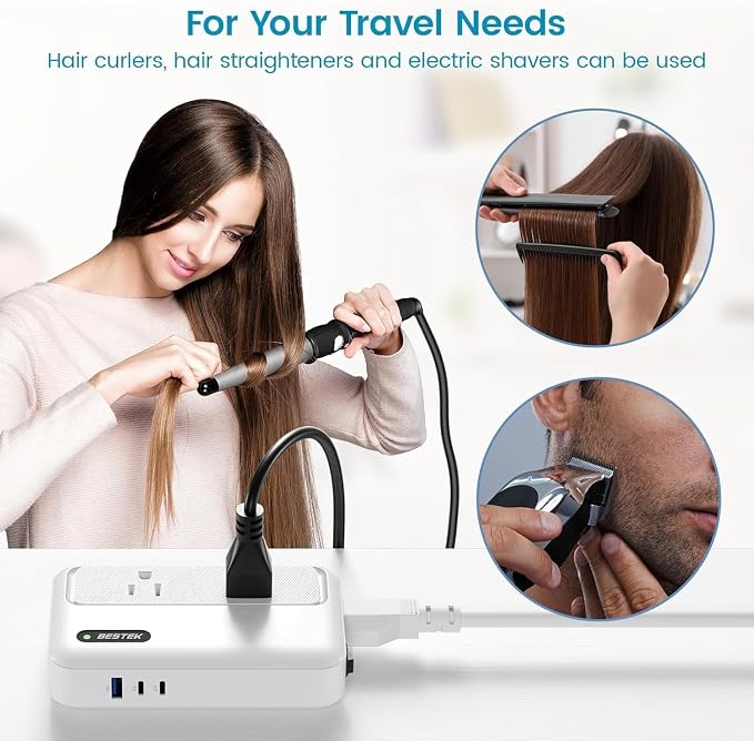 BESTEK 220v to 110v Converter with USB C 35w, 300W AC Peak Voltage Converter US to Europe, Universal Travel Adapter for Hair Straightener/Curling Iron with EU UK FR DE ES AU Travel Adapter