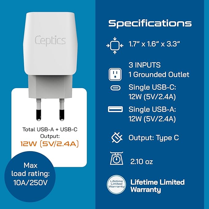 Ceptics European, Egypt Travel Adapter Plug with Dual USB - Type C - Europe - Usa Input - Light Weight - Perfect for Cell Phones, Chargers, Cameras and More - 2 Pack