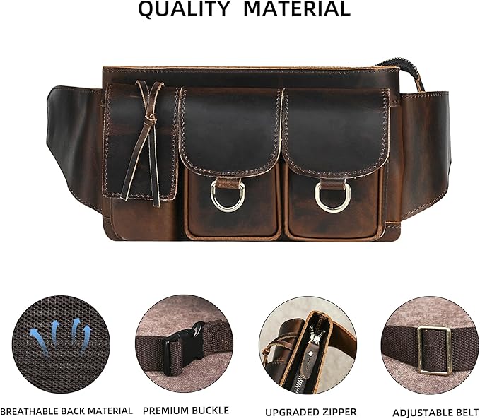 Water Resistant Canvas + Leather Hiking Riding Travel Fanny Waist Pack Small Phone Pouch For Men Women FB811-29 (100% Leather-The 341 Coffee)