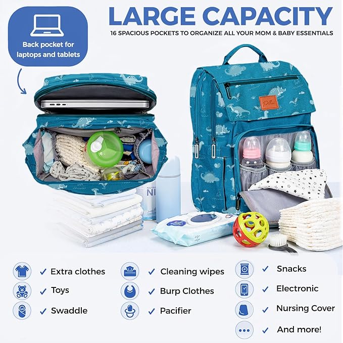 PILLANI Baby Diaper Bag Backpack - Large Waterproof Travel Diaper Bag for Boys & Girls, 16 Organizer Pockets with Changing Pad, Insulated Bottle Pockets & Stroller Straps, Baby Shower Gifts, Dinosaur