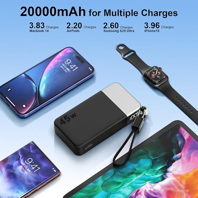 NOBIS Portable Charger 20000mAh, 45W Power Bank Fast Charging, 4-Output Battery Pack w/Detachable Dual Type-C Lanyard Cable & Hook, Battery Bank w/Digital Display for Phone, Laptop, Steam Deck