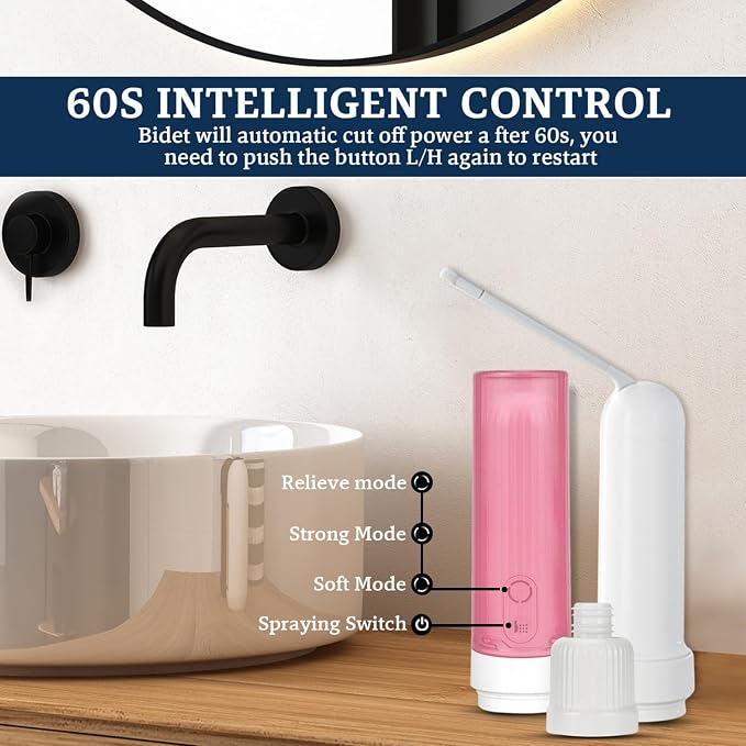 ( 180ml ) PureStream Portable Bidet for Travel – USB-C Rechargeable Handheld Sprayer with Bottle Adapter, 180° Foldable Nozzle, Adjustable Pressure Modes, Waterproof, for Men and Women ( Pink )