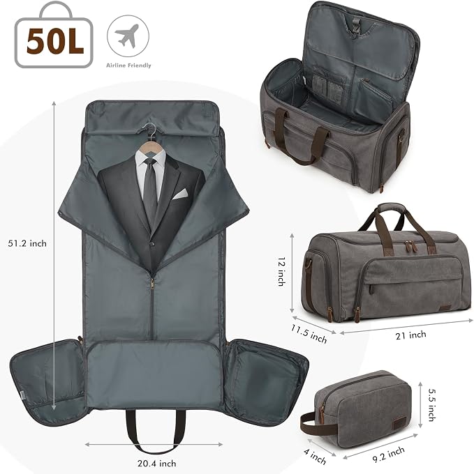 S-ZONE Carry On Garment Bag for Travel Convertible Garment Duffle Bag Suit Bags for Men Women Travel 2 in 1 Hanging Suitcase Business Travel Bag with Toiletry Bag, Gery, 50l