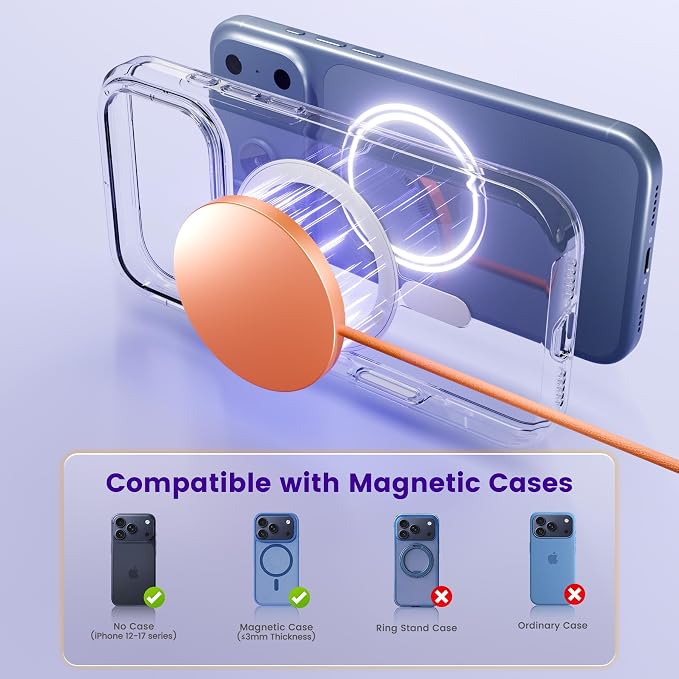25W Magnetic Wireless Charger: Fast Charging Pad for iPhone 17 16 15 14 13 12 Pro Max, Samsung Galaxy S26 S25, Google Pixel 10, AirPods-Slim Portable for Travel Bedside Office-Orange 2 Pack