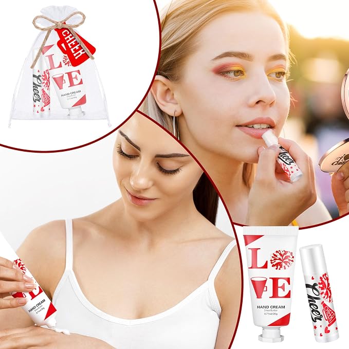 144 Pcs Red Cheer Lip Balm Hand Cream Set Party Favors Cheer Teams Camp Gifts Include 36 Lip Balm 36 Moisturizing Hand Cream 36 Bags 36 Cards and Ropes for Guest Party Supplies Accessories