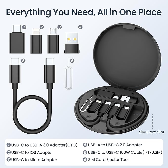 Elebase Multi USB C Charger Adapter Cable Kit (5+1),Travel Type C to iOS Adaptor Box with 1Ft 100W Charging Cord,USBC to Micro Converter,USB 3.0 OTG,Portable Card Storage,Tray Eject Pin,Data Transfer