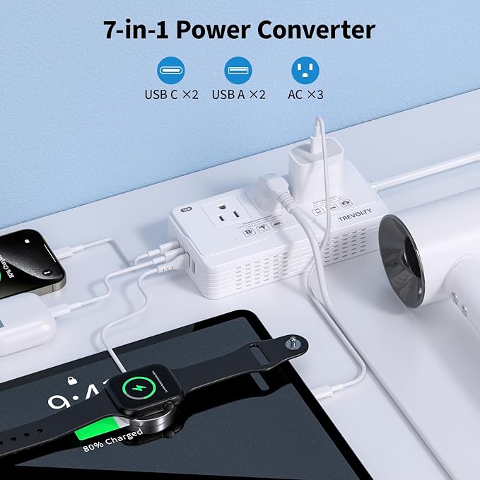 2000W Voltage Converter US to Europe for Hair Dryer, 220V to 110V Converter for European Travel Plug Adapter with 3 AC 2 USBC 2 USBA Ports, Travel Essential with EU UK IT AU Plug (White)