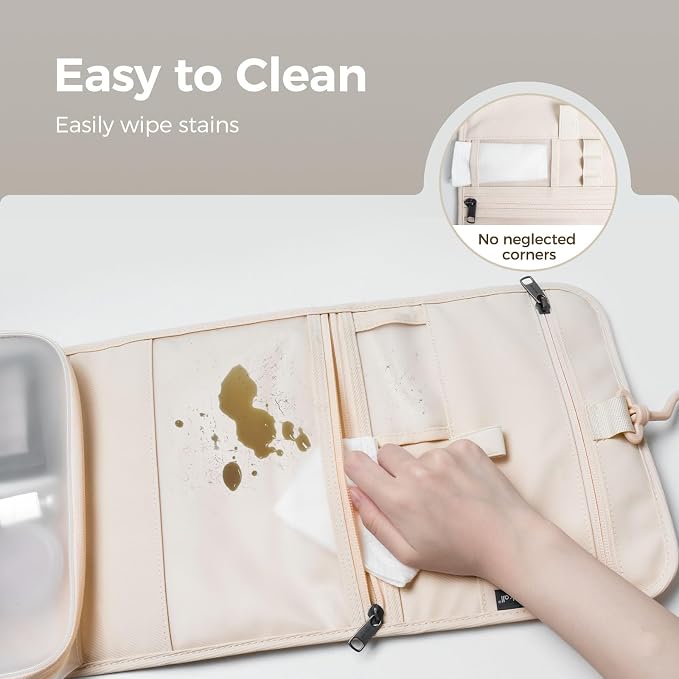 pack all Hanging Travel Toiletry Bag, Foldable Cosmetic Bag with Multiple Compartments, Water-Resistant Makeup Bag for Toiletries, Accessories (Light Beige)
