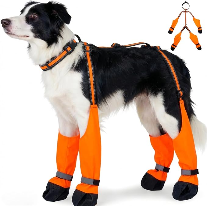 XL Orange Stay-On Suspender Dog Boots | Anti-Slip Waterproof | Adjustable Dog Shoes Paw Protector for Medium/Large Dogs Outdoor Walking Hiking Hot Pavement Winter Snow