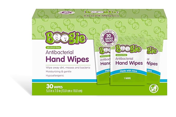 Boogie Antibacterial Hand Wipes - 30 Count - Hypoallergenic & Alcohol-Free - Individually Wrapped - Travel and Diaper Bag Essential