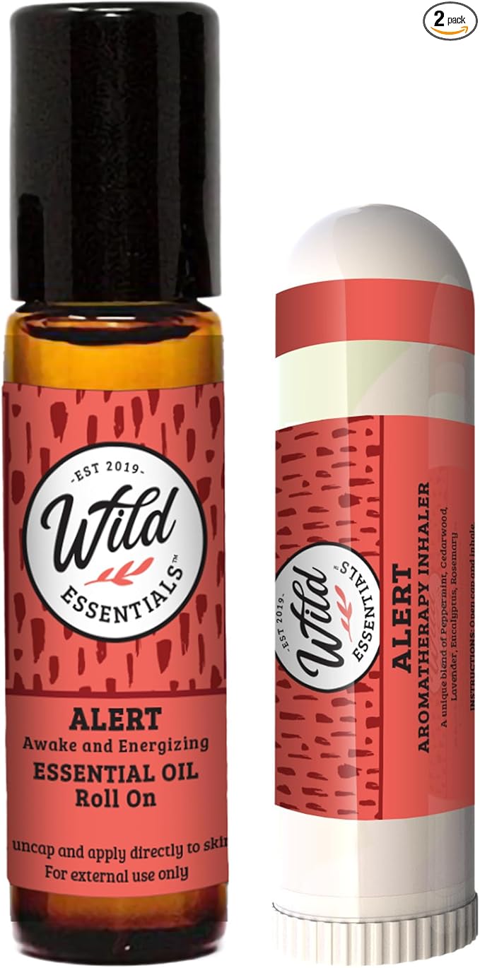 Wild Essentials Alert Essential Oil Blend 2-Pack – Roll-On & Nasal Inhaler with Cedarwood, Eucalyptus, Lavender, Peppermint & Rosemary – Natural Energy, Focus & Mental Clarity Aromatherapy Set