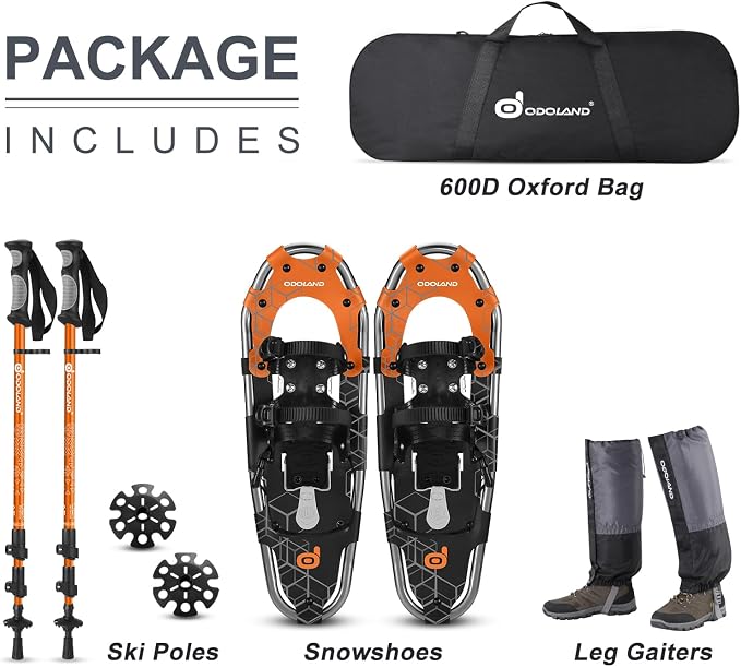 Odoland 21/25/30 Inch Snowshoes with Trekking Poles for Men Women Youth, Waterproof Snow Leg Gaiters and Carrying Bag, Lightweight Aluminum, Heel Lift, Snow Shoes Easy to Wear