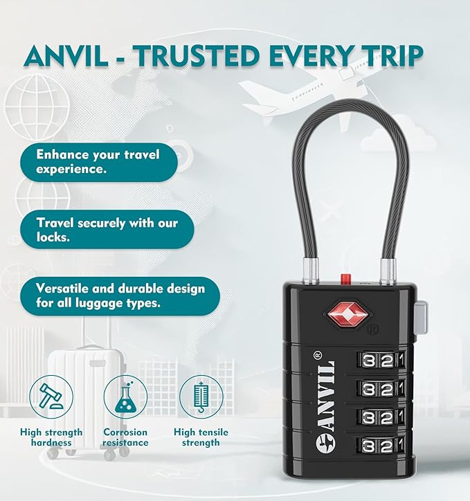 ANVIL TSA Approved Luggage Locks with Search Alert Indicator, 4-Digit Combination Suitcase Lock, Advanced TSA008 Core Heavy Duty Anti-Theft Travel Lock for Double Zippers, Backpacks