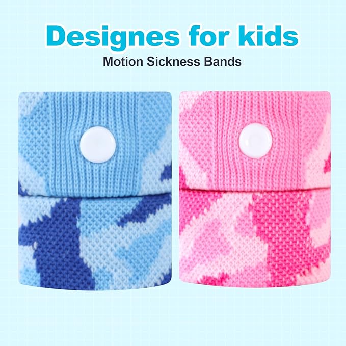 Motion Sickness Bands for Kids Cruise Travel Essentials Anti-Nausea Acupressure Wristband for Morning Car Sea Sickness Wristbands for Kids (2 Pairs Camo Blue)…