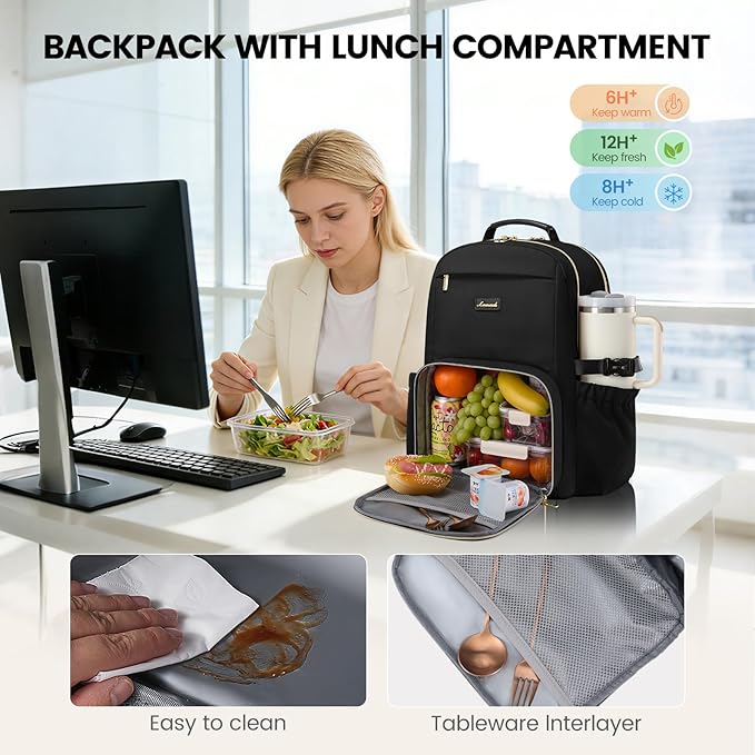 LOVEVOOK Lunch Backpack with Lunch Compartment,17 Inch Laptop Work Travel Insulated Cooler Backpack Purse,Waterproof College Teacher Nurse Lunch Bag Box with Tumbler Holder,Gifts for Men Women,Black