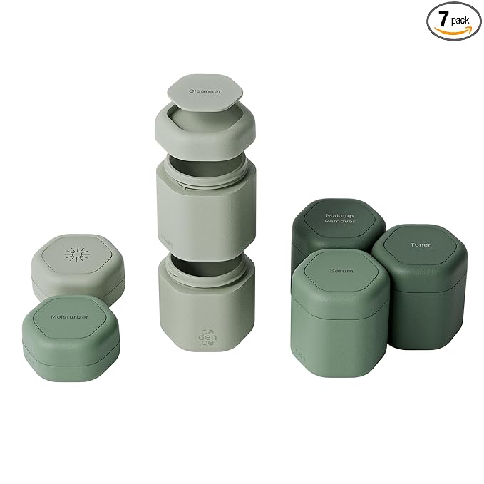 Cadence Travel Containers - Full Skincare Set - Magnetic Containers with Lids,Carry On Travel Essentials For Women/Men - 2 Small (0.56oz), 4 Medium Capsules (1.32oz), & Extender (1.43oz) - Evergreen