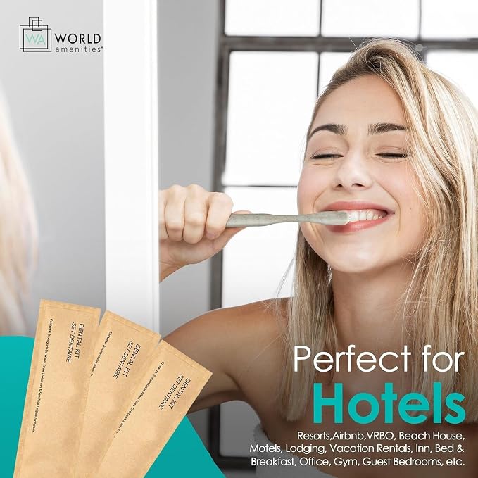 World Amenities Kraft Paper Dental Kit - Wheat Straw Toothbrush and Toothpaste Dental Care Kit (300)