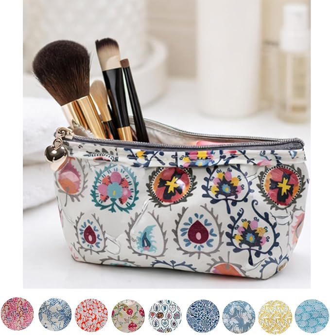 Jacaranda Living Small Cosmetic Bag - Water-Resistant, PVC-Lined, Compact & Travel Ready Make Up Bag, Easy to Clean - Floral Denim