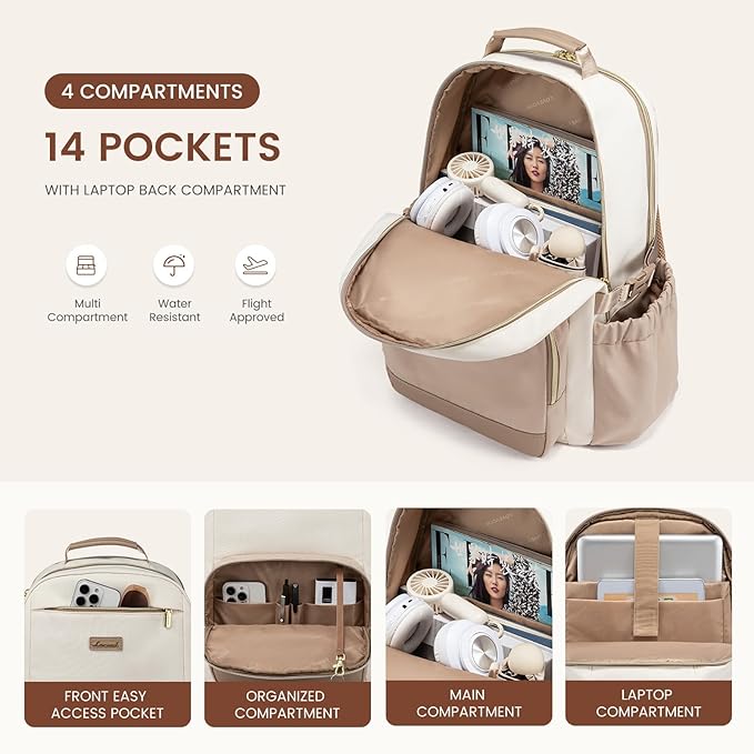 LOVEVOOK Laptop Backpack for Women with Pouch Pocket for Large Capacity Cup,17 Inch Laptop Computer Bag Travel Backpack Purse,Waterproof Work Business College Teacher Backpack,Beige-Nude-Logam Plum