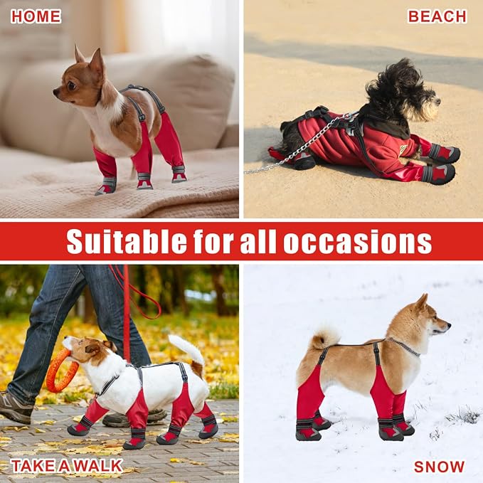 Idepet Dog Suspender Boots, Tall Dog Boots Anti-Slip & Fall Waterproof Shoes Leggings, Adjustable Suspender Boots for Winter Snow Rain Hiking Paws Protector (Red,7)