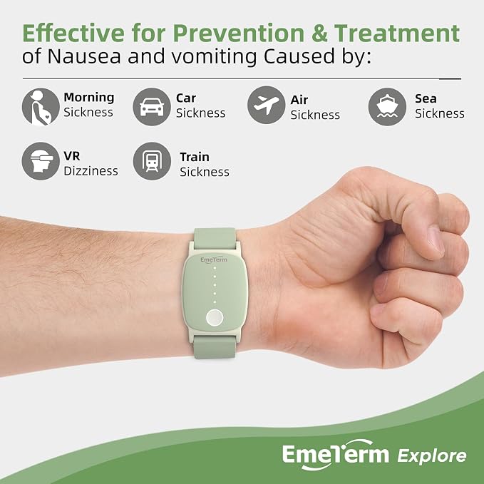 EmeTerm Explore FDA-cleared Anti-Nausea Wristband IP67 Waterproof Morning Motion Travel Sickness Relief Classic Strap Design (Mint Green-Extra 2pack Conductive Gel)