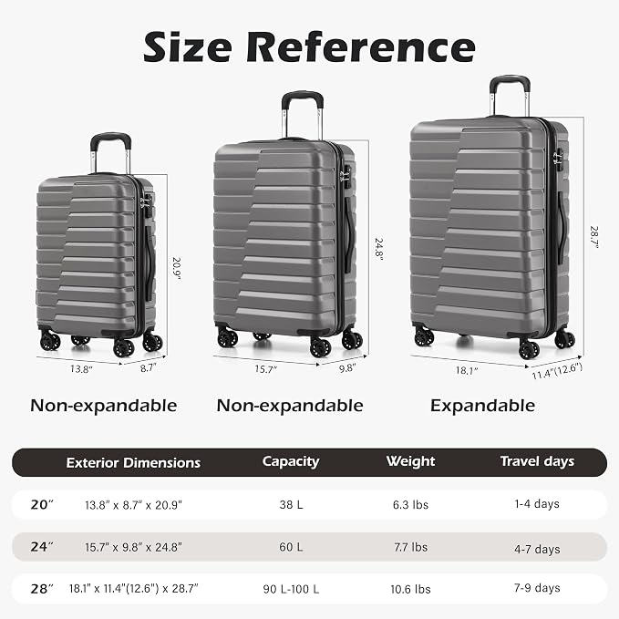 Coolife Luggage Sets, 3 Piece Hard Shell Suitcase Set with Spinner Wheels, Expandable Large Checked Luggage, Lightweight Rolling Carry On with TSA Lock Gray