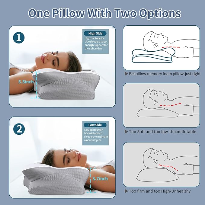 Cervicac了Neck Pillow for Pain Relief - Ergonomic Side Sleeper Pillow for Neck Support, Contour Orthopedic Cervical Pillow for Sleeping, Cooling Memory Foam Pillows for Back Sleepers (Light Grey&White)