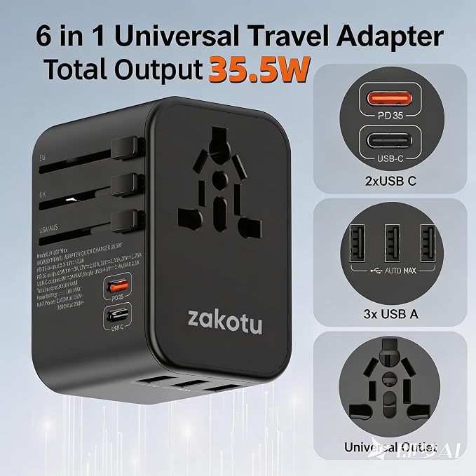 Universal Travel Adapter, 35.5W 5-in-1 Worldwide Power Adapter with PD Fast Charge USB C, 5 Port Compact Charging Hub with AC Outlet for All USB Devices, 110V-230V for 200+ Countries (US/UK/EU/AU)