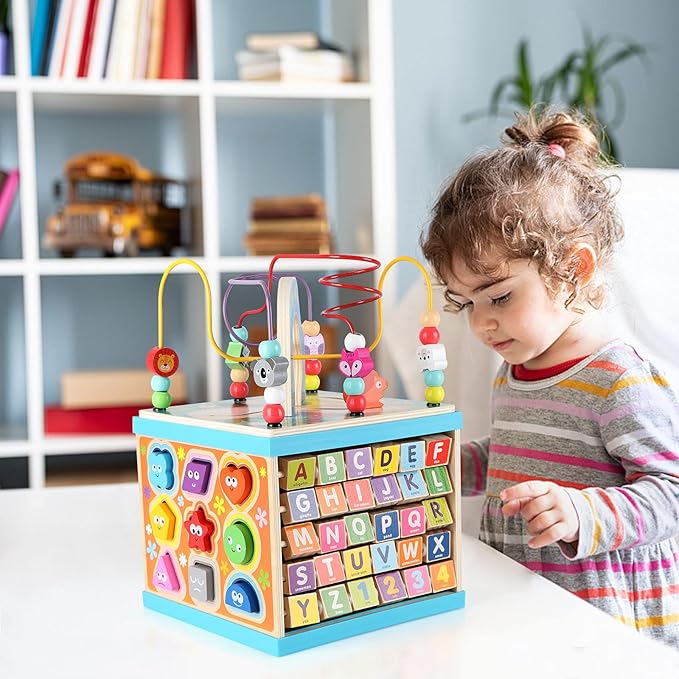 Qilay 5-in-1 Wooden Activity Cube for Toddlers 1-3(Large),Multipurpose Toddler Activity Center with Bead Maze & Shape Sorter, Early Educational Toy First Birthday Present for Boys Girls