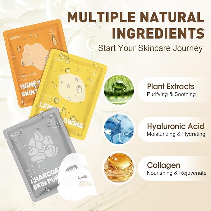 KONEUK 120 Pack Collagen Essence Sheet Face Masks Skincare, Moisturizing & Hydrating Face Mask for Skin Care, Bulk Face Masks for All Skin Types, Spa Party Gifts for Women (12 Types x 10 Pcs)
