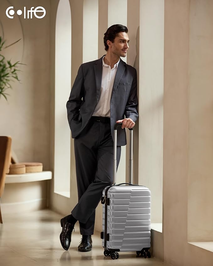Coolife Carry On Luggage Airline Approved with Wheels Hard Shell Suitcase Spinner TSA Lock Telescopic Handle 20-inch,Silver